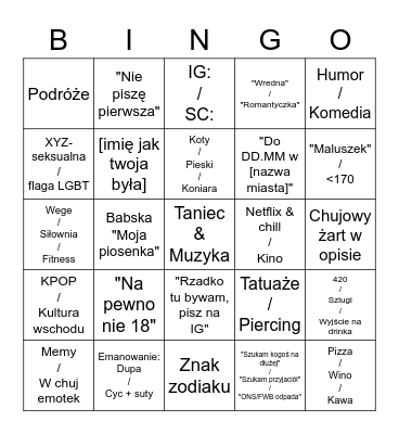 Tinderowe Bingo Card