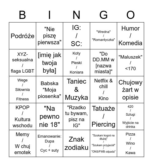 Tinderowe Bingo Card