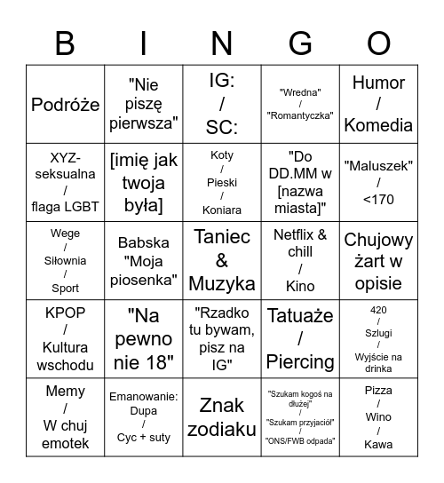 Tinderowe Bingo Card