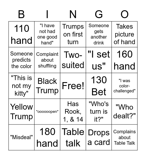 Weekend Rook Bingo Card