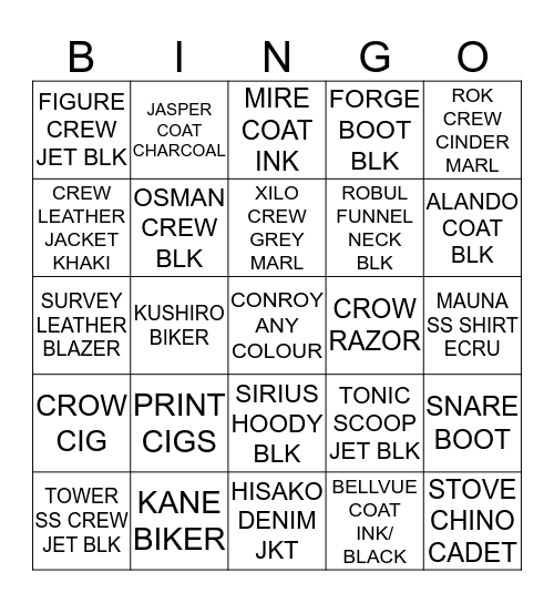 MENSWEAR BINGO Card