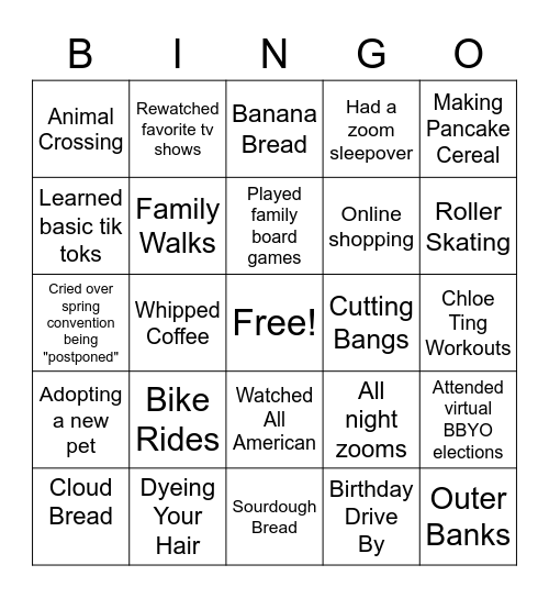 Back to Quarantine Bingo Card
