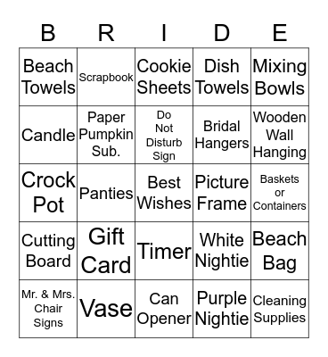 Eleah's Bridal Shower Bingo Card