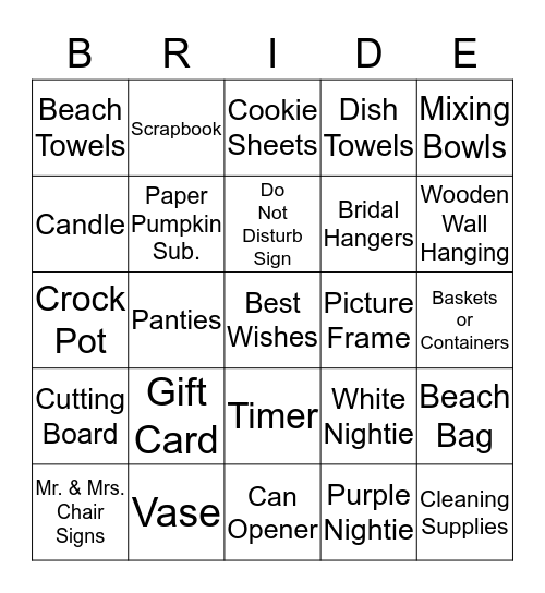 Eleah's Bridal Shower Bingo Card