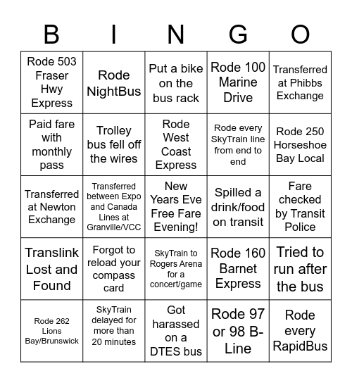 Translink Bingo Card