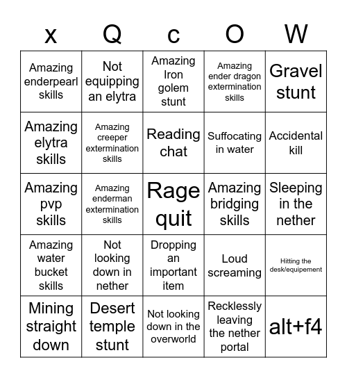 Minecraft fails videos bingo Card