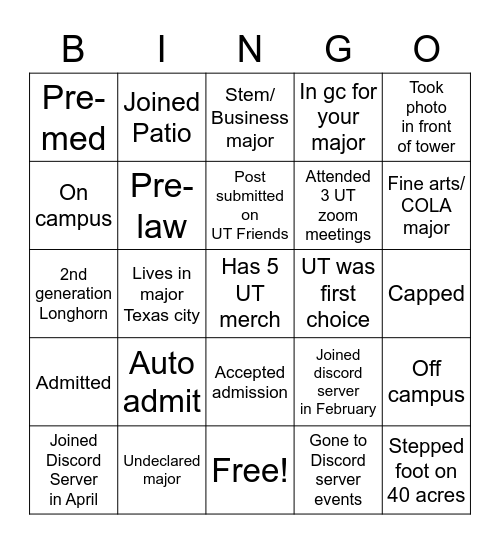 UT ‘25 Bingo Card