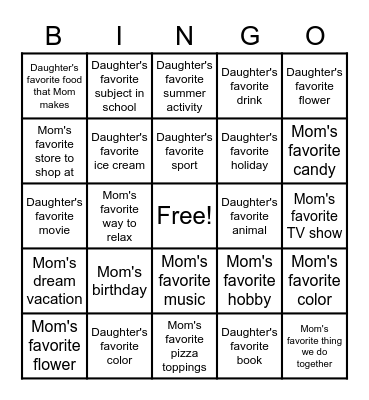 Family Favorites Bingo Card