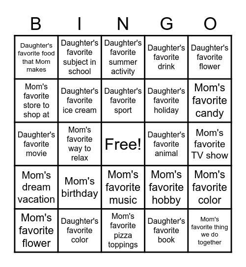 Family Favorites Bingo Card