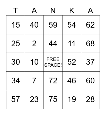 Poetry Bingo Card