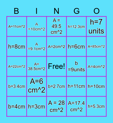 Area of Triangle Review Bingo Card