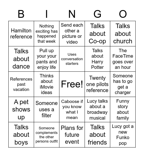 Lucy & London Bingo Card