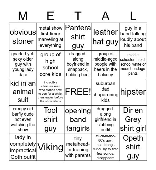 Metal Show Attendee Bingo Card