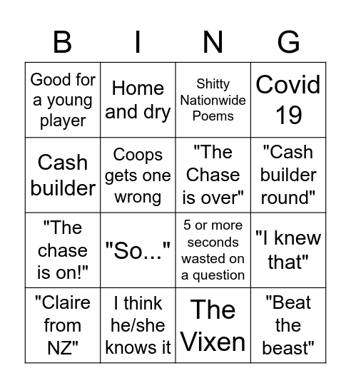 The Chase Bingo - Coops Special Bingo Card
