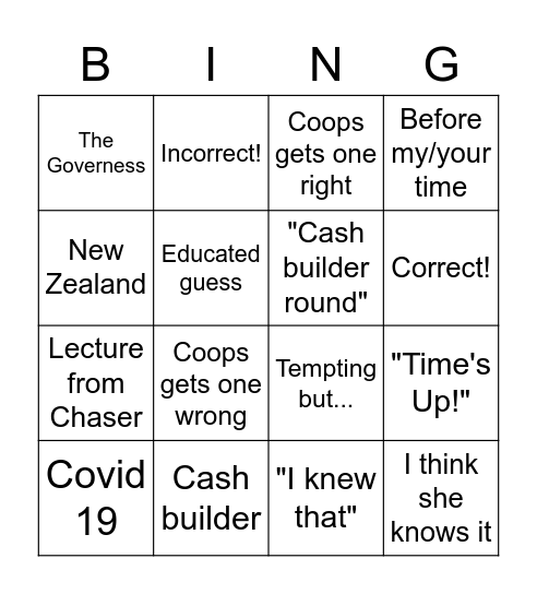 The Chase Bingo - Coops Special Bingo Card