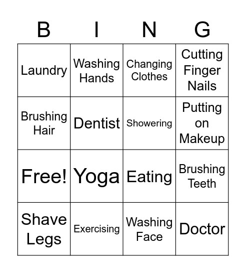 Personal Care Bingo Card