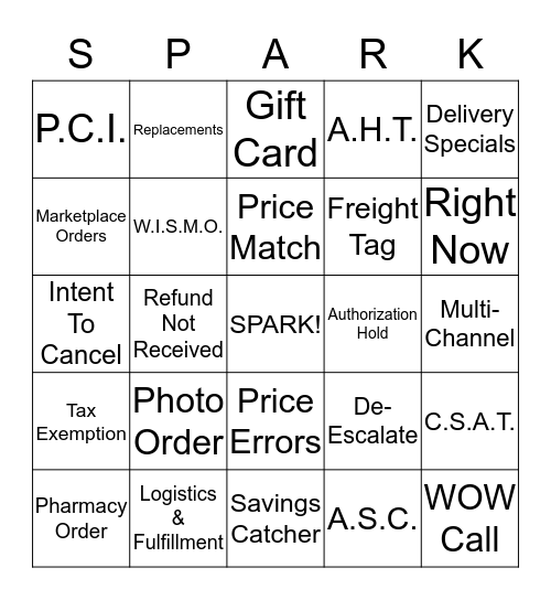 SPARK Bingo Card