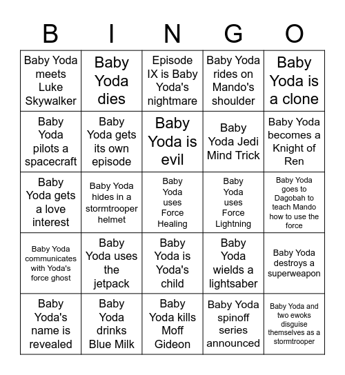 Baby Yoda Season 2 Bingo Card