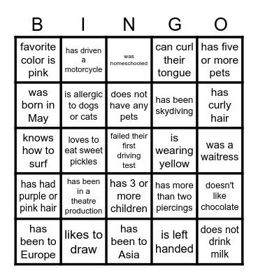 FInd someone who Bingo Card