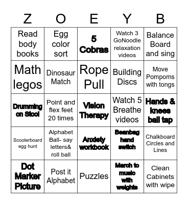 Busy Zoey Bingo Card