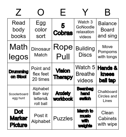 Busy Zoey Bingo Card