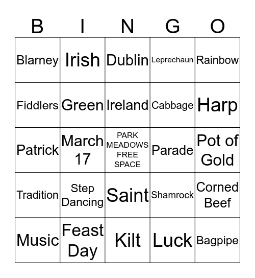 St. Patrick's Day BINGO Card