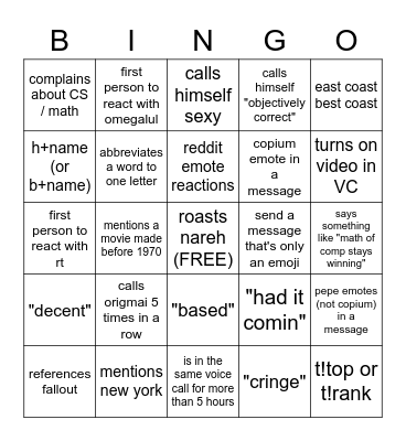 Eric Bingo Card