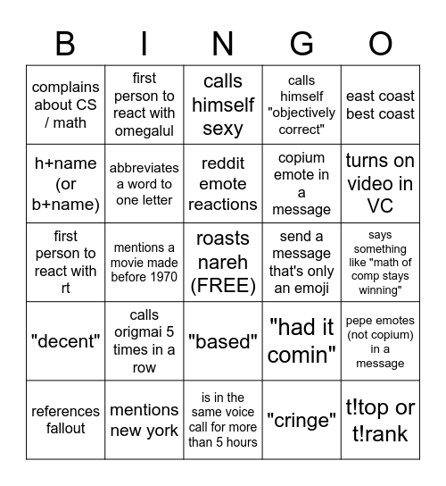 Eric Bingo Card