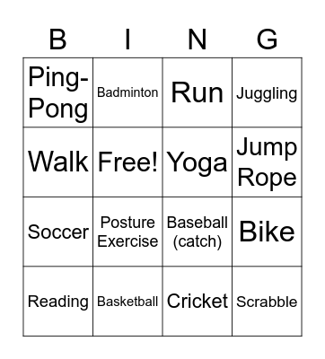 Sports For Life Bingo Card