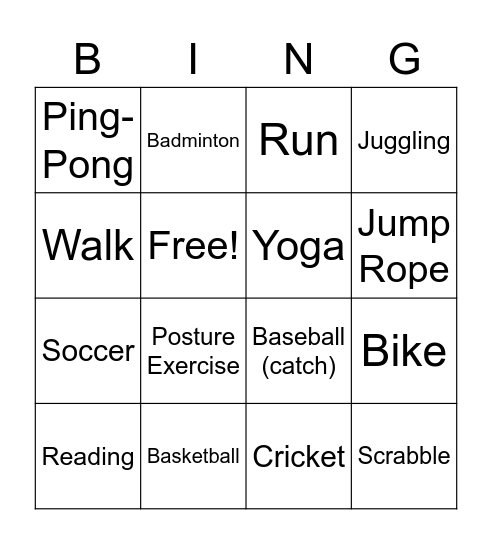 Sports For Life Bingo Card