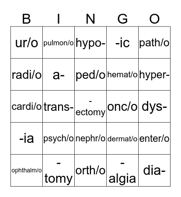 Medical Terminology:  Medical Specialists, Suffixes, and Prefixes Bingo Card