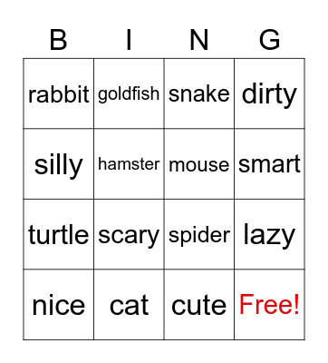 Animals and Adjectives Bingo Card