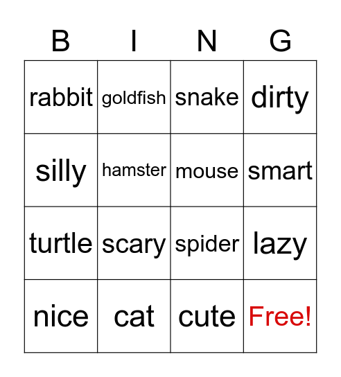 Animals and Adjectives Bingo Card