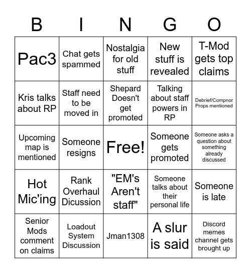 Staff Team Bingo (special edition) Bingo Card