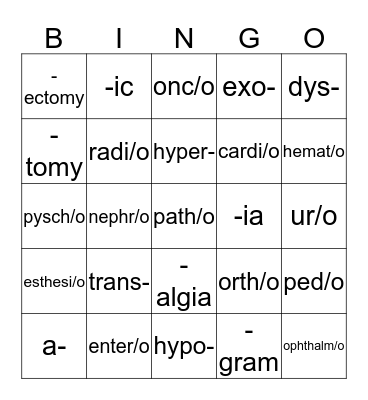 Medical Terminology:  Medical Specialists, Suffixes, and Prefixes Bingo Card