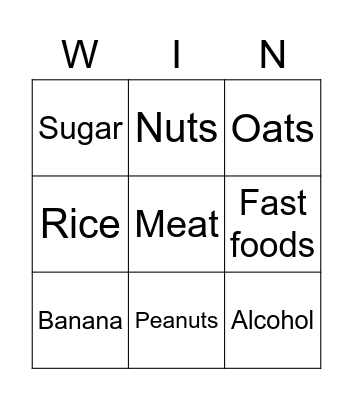 High energy giving foods Bingo Card