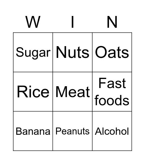 High energy giving foods Bingo Card