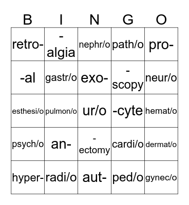 Medical Terminology:  Medical Specialists, Suffixes, and Prefixes Bingo Card
