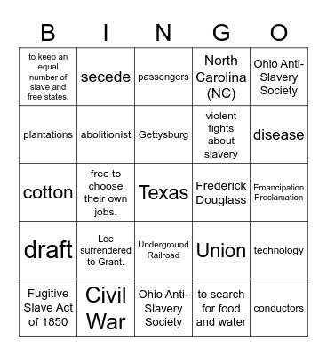 Civil War Bingo Card