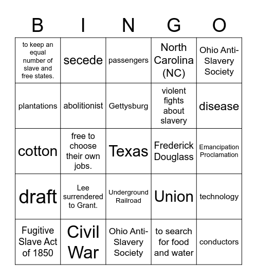 Civil War Bingo Card