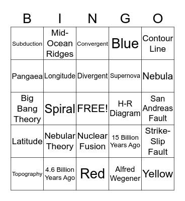 Earth Science Semester 1 Bingo Card