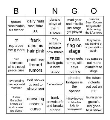 MCR Reunion Tour Bingo Card