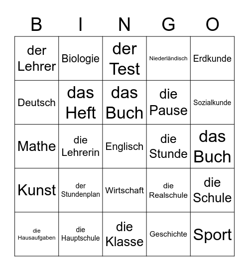 Schule Bingo Card