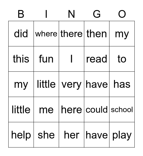 Sight Words Bingo Card