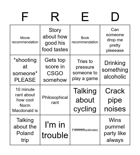 Fred the Shed bingo Card