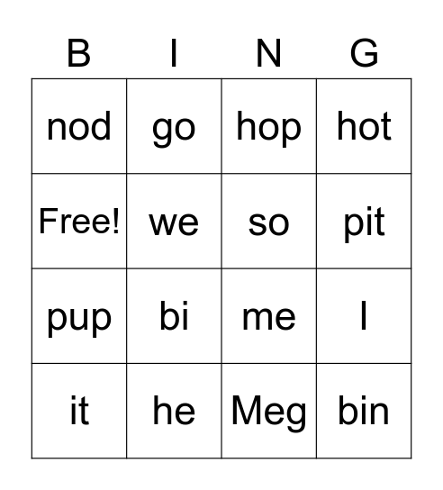 Open and Closed Syllables Bingo Card