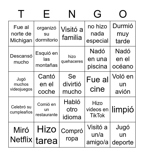 ¿Qué hizo cada estudiante durante el descanso de primavera? Bingo Card