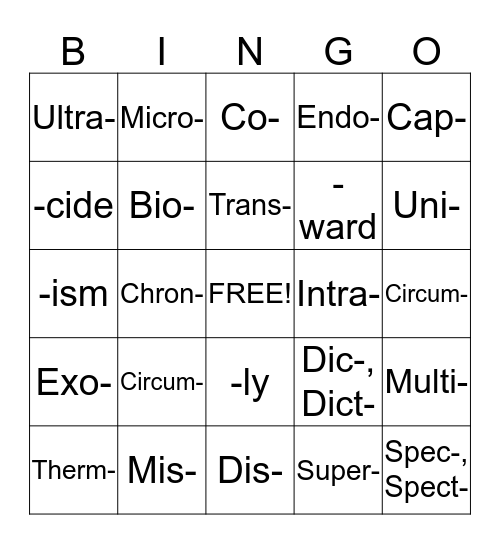 Vocab Bingo Card