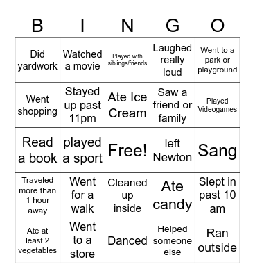 Spring Break 2021 Bingo Card