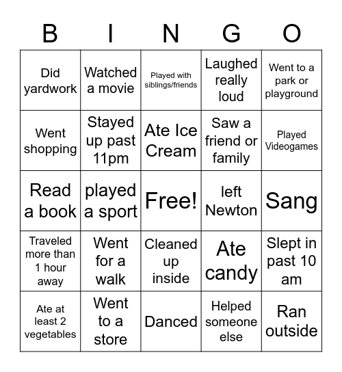 Spring Break 2021 Bingo Card